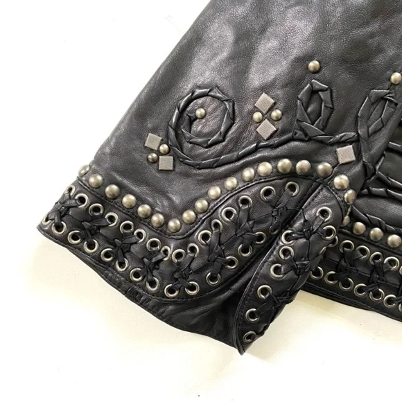 Double D Ranch Black Genuine Leather Beaded Studded Open Bolero Jacket - Picture 6 of 11
